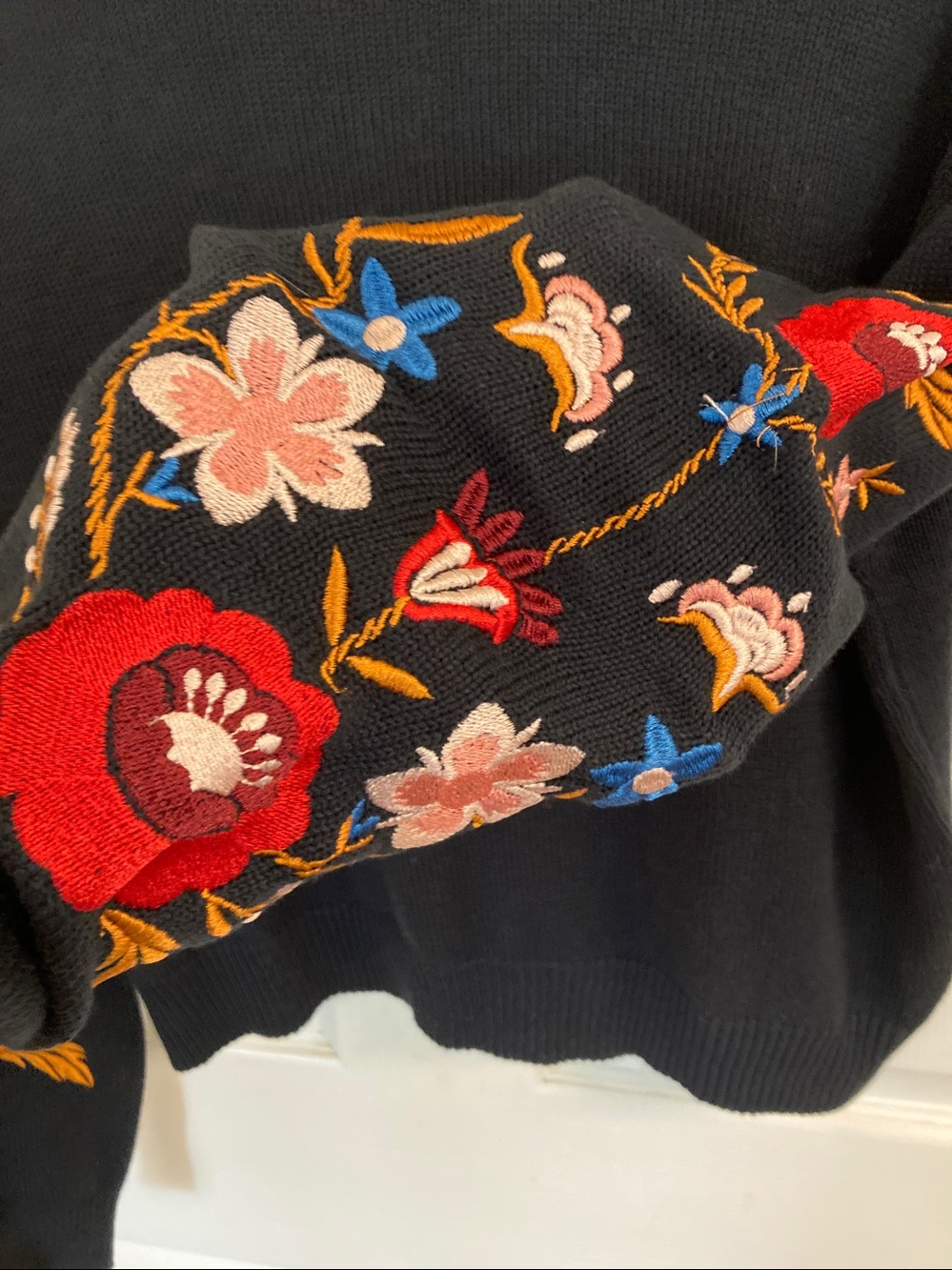 Embroidered Floral Sleeve Black Crewneck Sweater - Picture 3 of 8